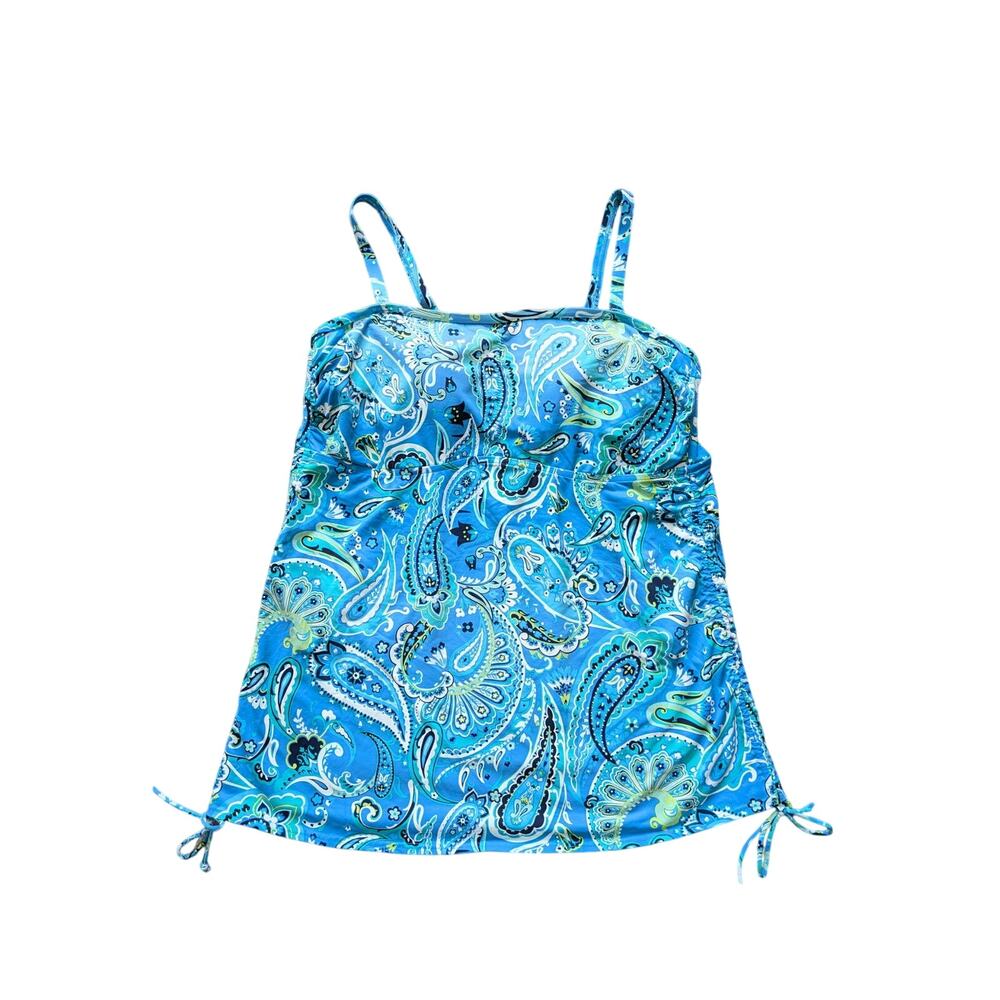 Lands End Paisley Tankini Top Womens 18W Blue-Green Beachy Coastal Built in Bra